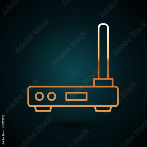 Gold line Router and wi-fi signal symbol icon isolated on dark blue background. Wireless ethernet modem router. Computer technology internet. Vector Illustration