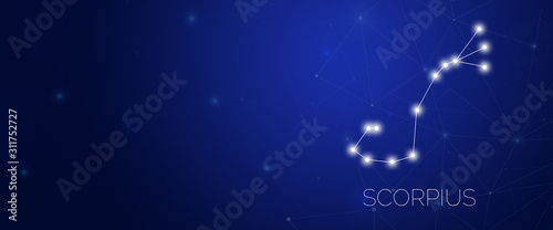 Zodiac constellation of Scorpius in abstract space environment with dots and lines at dark blue background with large copy space.