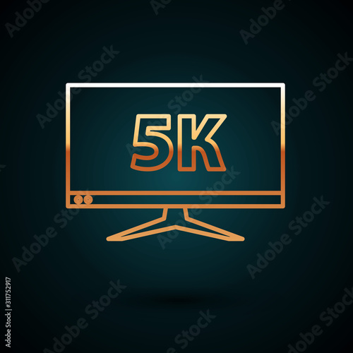 Gold line Computer PC monitor display with 5k video technology icon isolated on dark blue background. Vector Illustration