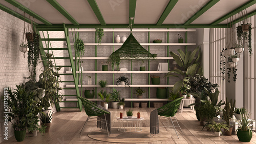 Modern conservatory, winter garden, white and green interior design, lounge, rattan armchair, table. Mezzanine and iron staircase, parquet floor. Relax space full of potted plants photo