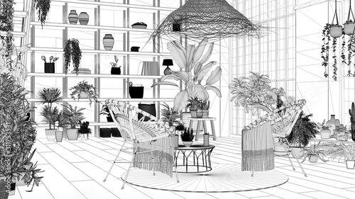 Tableau sur toile Blueprint project draft, modern conservatory, winter garden interior design, lounge with rattan armchairs