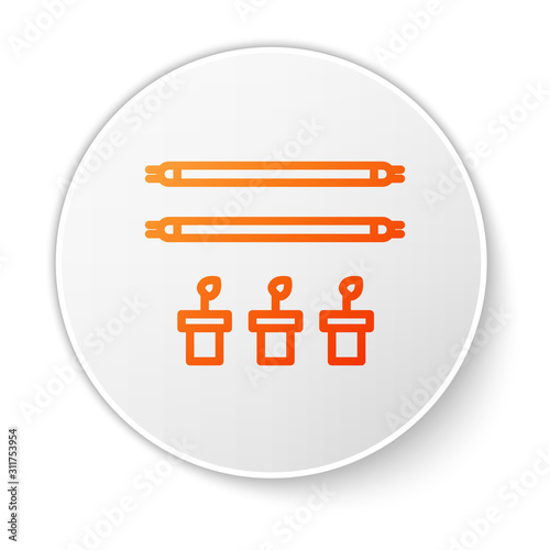 Orange line Smart farm with light bulb and plant symbol icon isolated on white background. White circle button. Vector Illustration