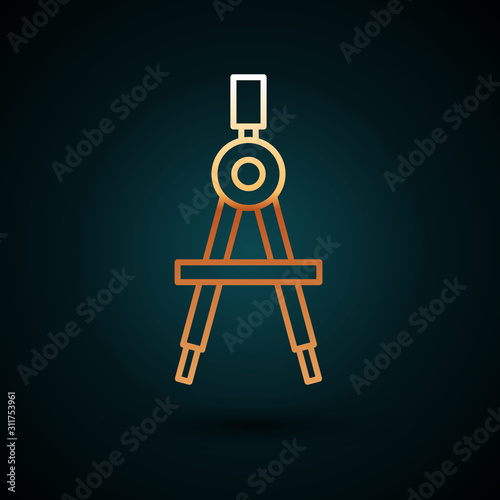 Gold line Drawing compass icon isolated on dark blue background. Compasses sign. Drawing and educational tools. Geometric instrument. Vector Illustration