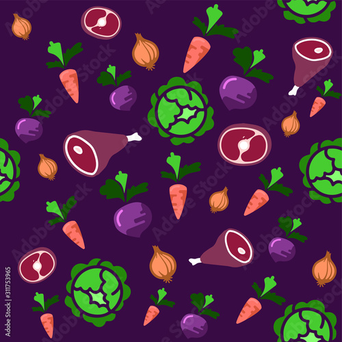 Traditional Russian soup - borsch. Beautiful vector graphics. Meat on bones, onions, carrots, beets, cole. Food Icon. Seamless pattern