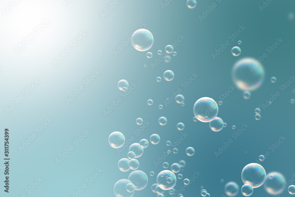 bright bubble soap on blur blue background