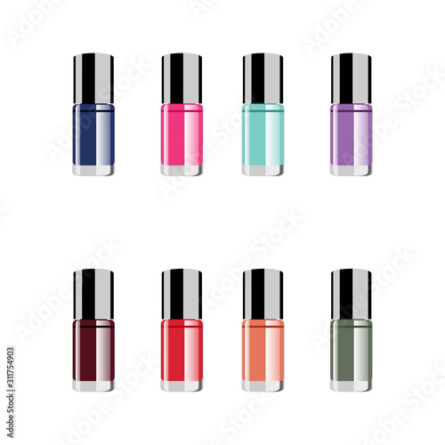 Nail polish colour set on white background with colorful drops realistic vector illustration
