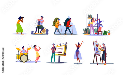 Set of young people with various professions. Flat vector illustrations of photographer, potter, florist, singer, architect. Work specialisation concept for banner, website design or landing web page