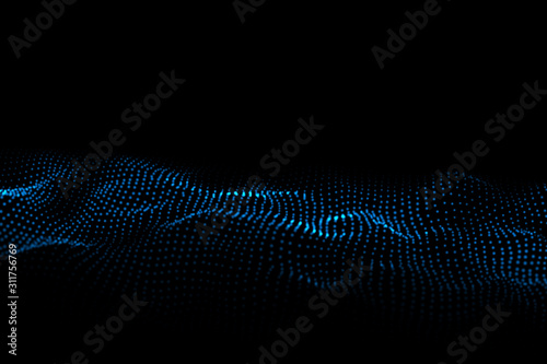 3D rendering Big data flowing energy blue particles dot pattern composed of mesh