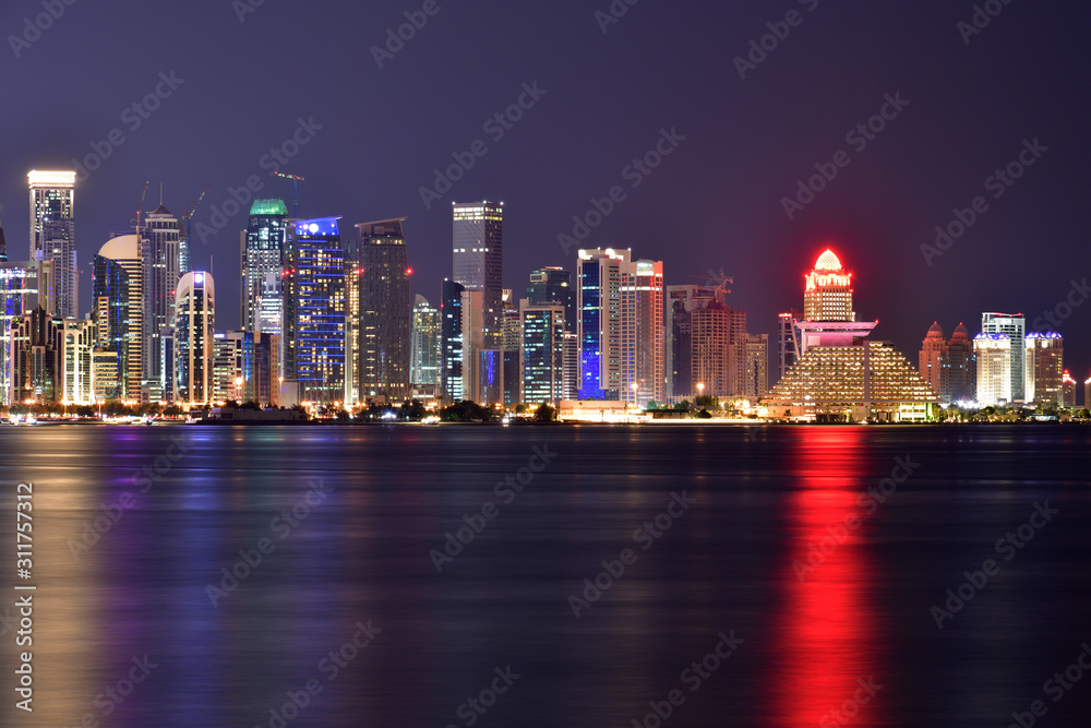 West Bay panorama at night from the Gulf in Qatar, Doha