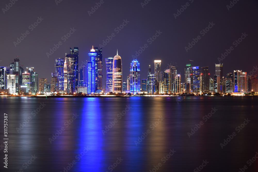 West Bay panorama at night from the Gulf in Qatar, Doha