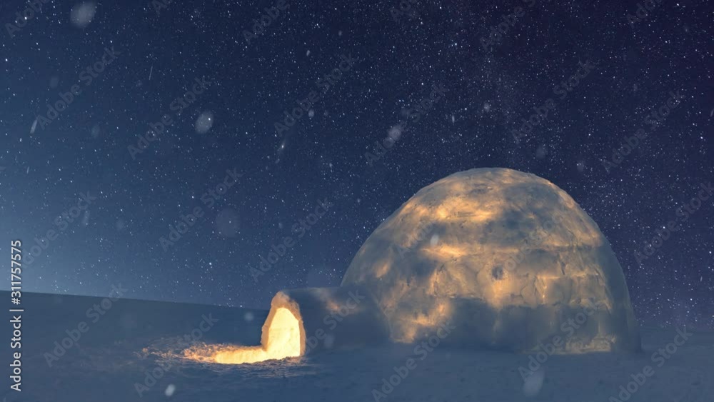 Wintry scene with snowy igloo and milky way in night sky. Fantastic winter landscape glowing by star light. Santa house from snow, ideal New Year and Christmas background