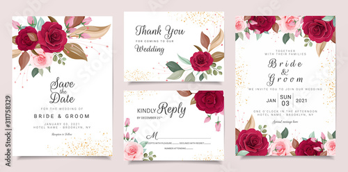 Wedding invitation card template set with flowers arrangements. Roses and leaves botanic illustration for background, save the date, invitation, greeting card, poster vector