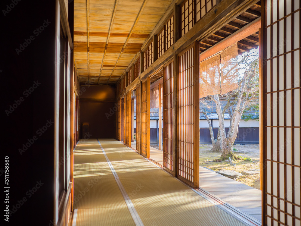 Japanese old doors and corridor style with sunlight