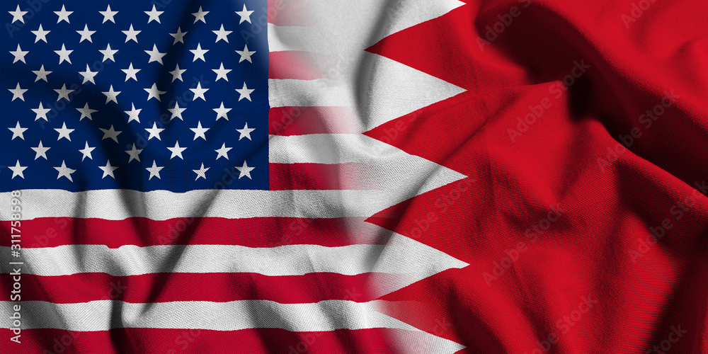 Obraz premium National flag of the United States with Bahrain on a waving cotton texture background