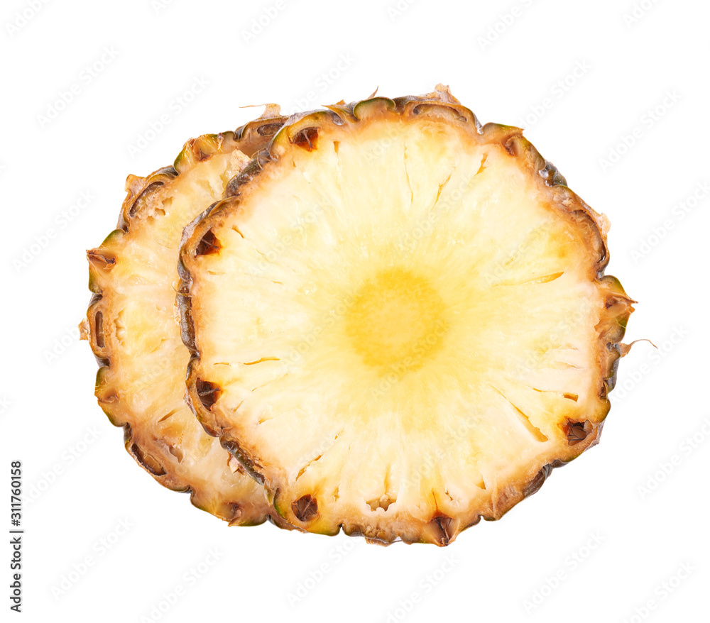 Sliced pineapple isolated on white background. Pieces of pineapple, with clipping path. Top view. Sliced pineapple isolated on white background. Pieces of pineapple, with clipping path. Top view.