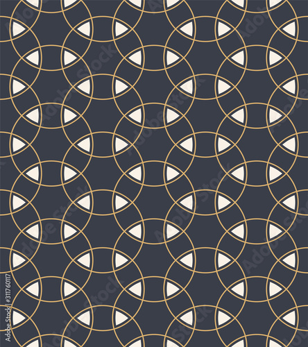 Vector seamless pattern of overlapping circles nad triangles.