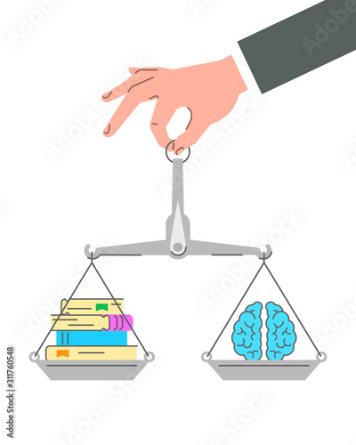 Reading develops the brain. Flat vector concept. Conceptual linear illustration of a hand holding balance scales with paper books and brain icon. Self-education expands thinking