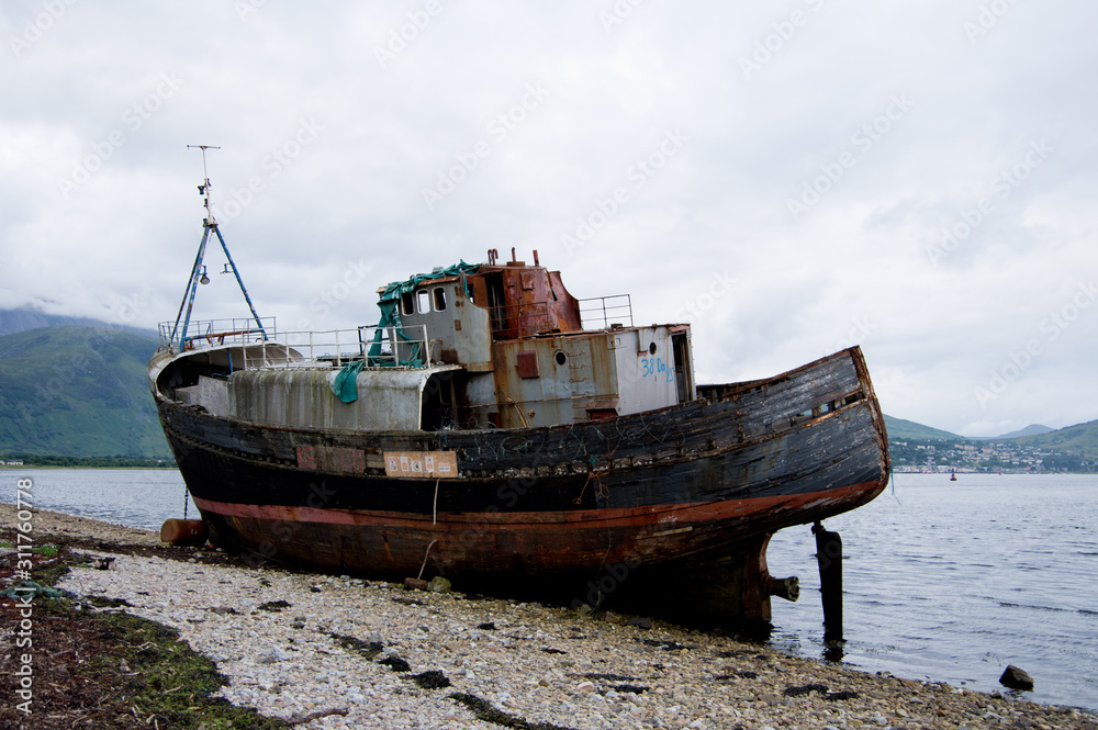Forgotten ship - old stranded fishing vessel near Fort William
