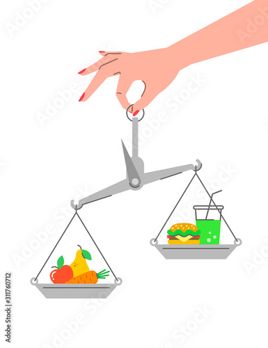 Fruits vs fast food concept. Healthy lifestyle flat vector conceptual illustration. Weight loss challenge. Balance scales with vegetables and hamburger with soda. Organic food against unhealthy diet