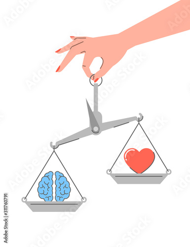 Logic vs emotions. Flat linear vector concept. Conflict between rational thinking and feelings. Female hand holds balance scales with brain symbol and heart icon. Pragmatic mind vs intuition
