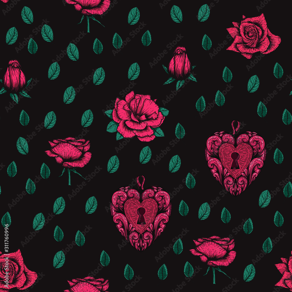 Seamless vector etching handdrawn pattern with roses, hearts, and leaves a dark background Seamless vector etching handdrawn pattern with roses, hearts, and leaves a dark background
