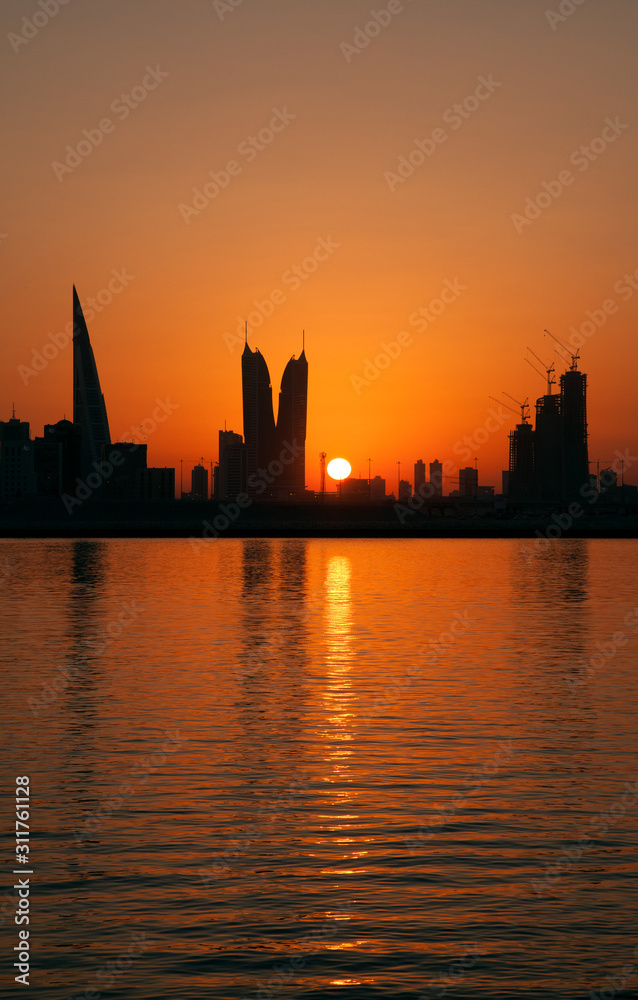 A beautiful view of Bahrain skyline during sunset, Bahrain