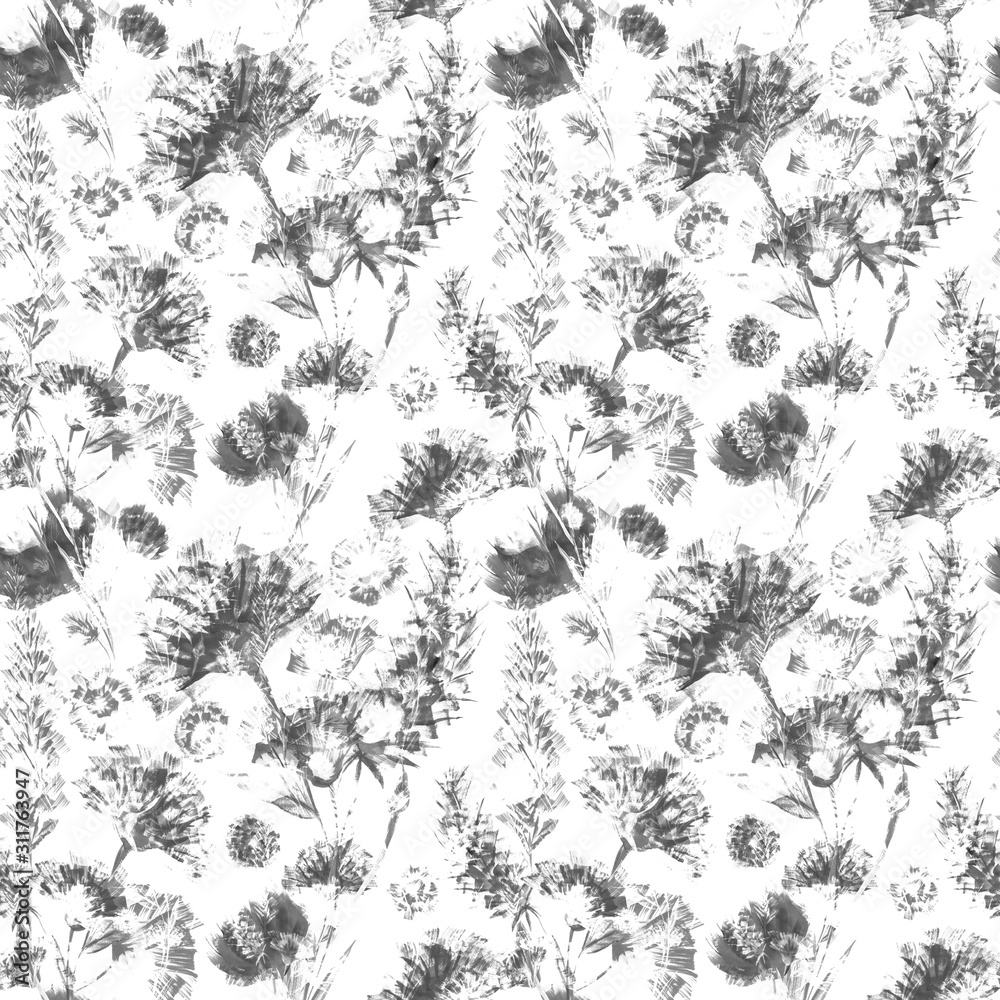 Plakat Watercolor drawing of wild meadow flowers, buds, inflorescences and leaves. Summer design. Design wallpaper, textiles, packaging, packaging paper, fabric. Seamless pattern.