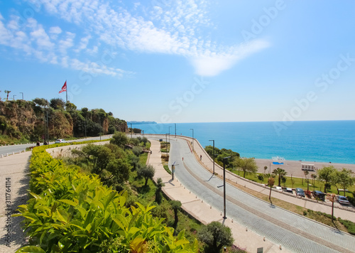 The road along the beach. View of the Mediterranean Sea. View from above on the coast. Antalya, Turkey, April 6, 2019.