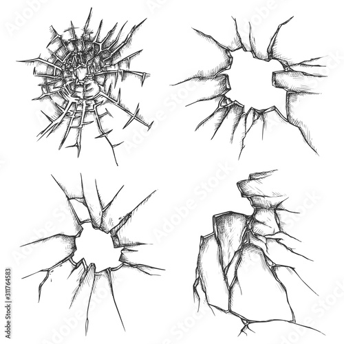 Set of isolated glass crack, window hole sketches