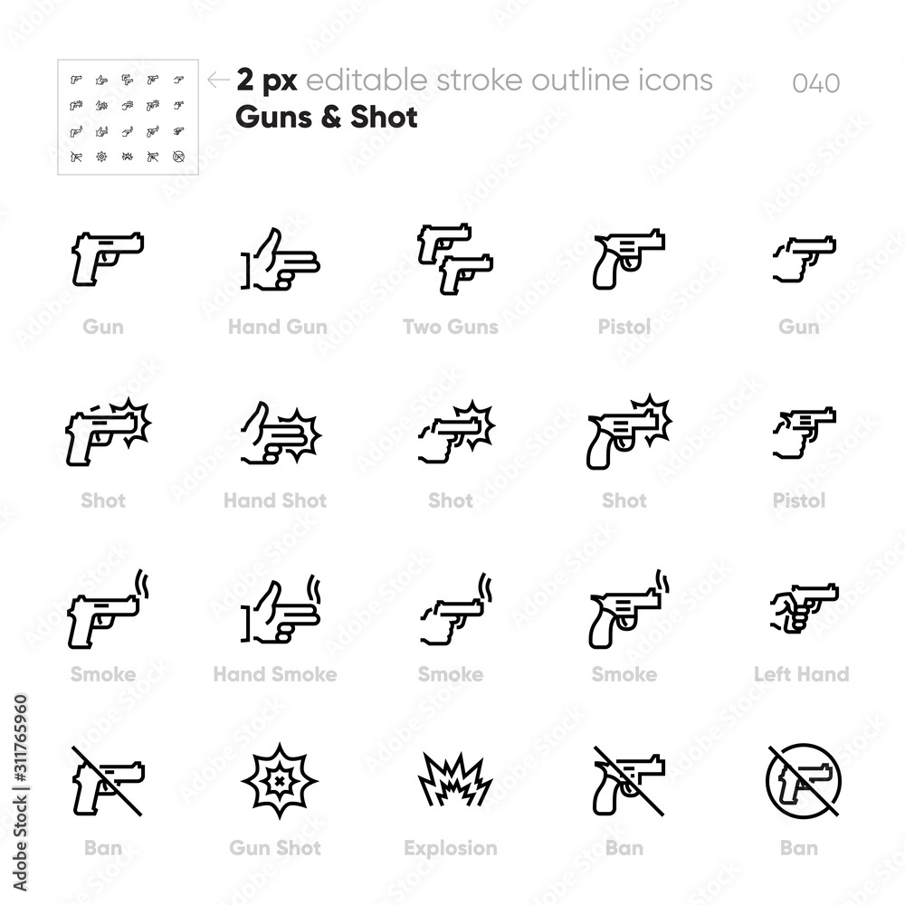 Gun, Shot outline vector icons set. Hand, Pistol, Smoke, Ban. Editable stroke Gun, Shot outline vector icons set. Hand, Pistol, Smoke, Ban. Editable stroke