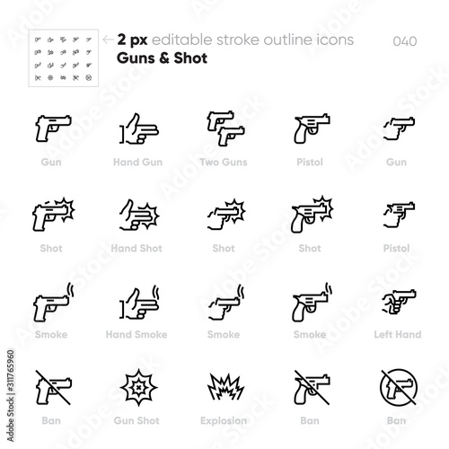 Gun, Shot outline vector icons set. Hand, Pistol, Smoke, Ban. Editable stroke