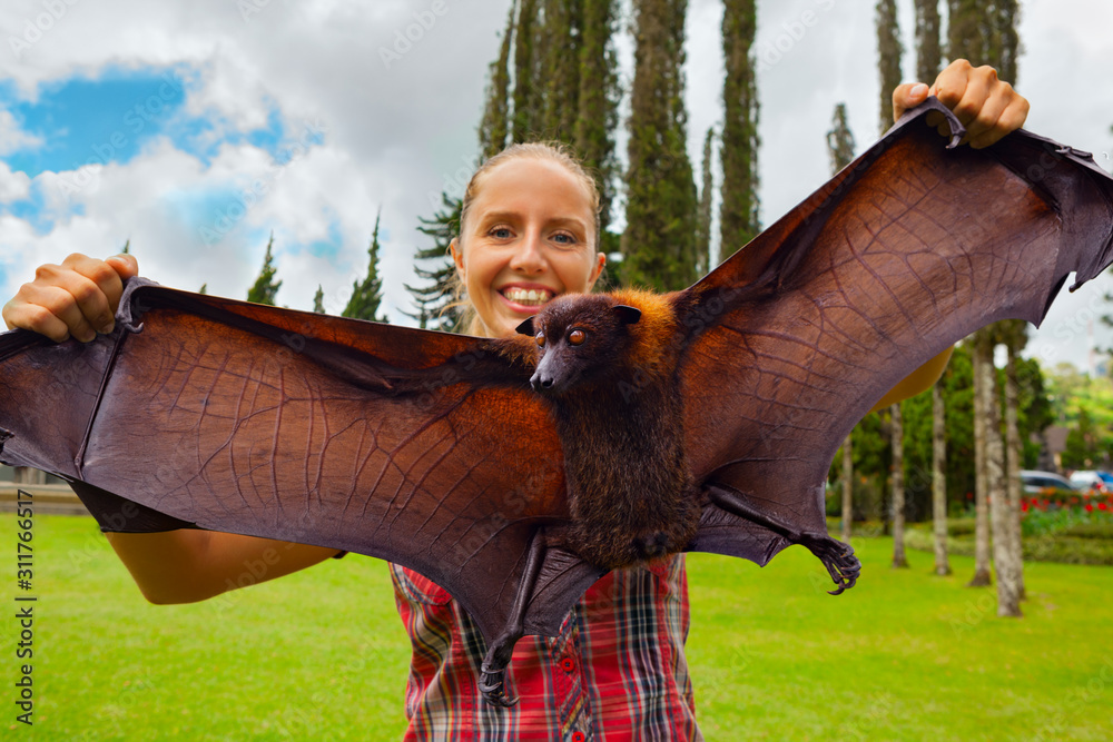 Funny portrait of young girl holding in hands giant flying fox ( fruit bat  ). Day tour on