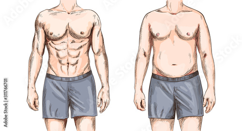 Two men bodies, fit and fat, full color sketch