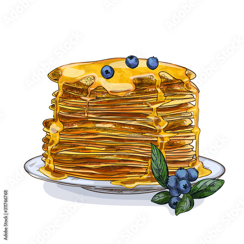The stack of pancakes with honey and blueberries