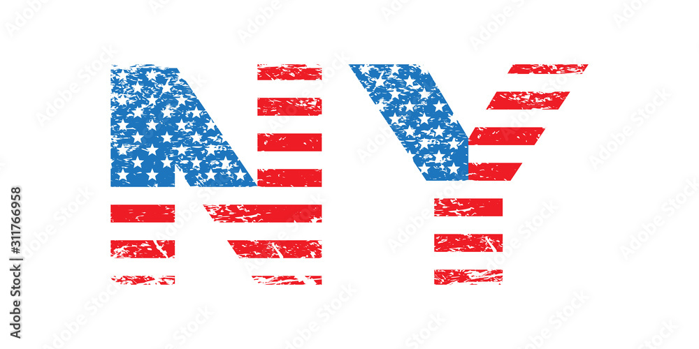 New York City symbol with USA flag, NY grunge letters, isolated on white background, vector illustration.