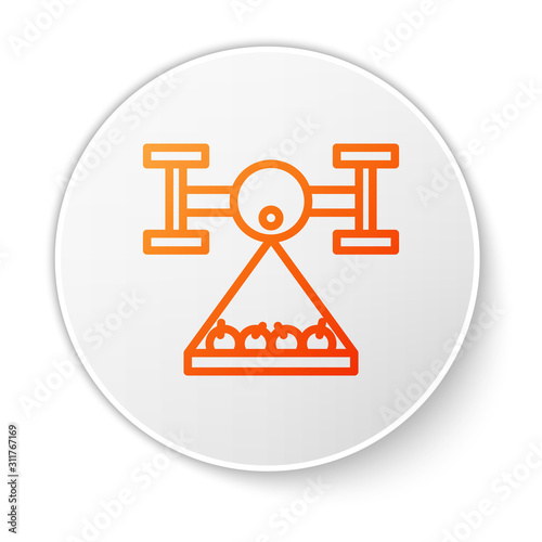 Orange line Smart farm with drone control collects harvest icon isolated on white background. Innovation technology for agricultural company. White circle button. Vector Illustration