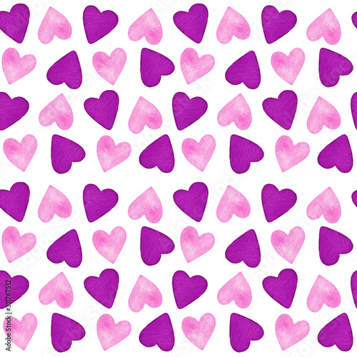 Seamless pattern with pink and purple hearts, valentine’s day pattern, heart background, watercolor hand painted pattern