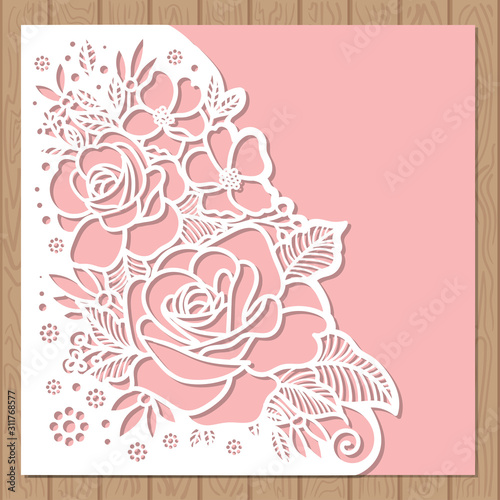 Template for laser cutting. Square envelope with roses. Vector