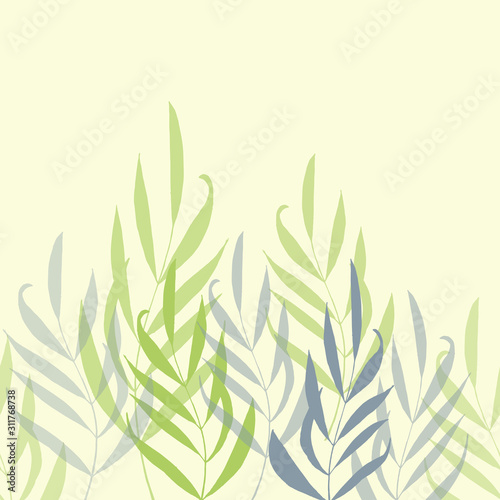  Seamless pattern vintage green and blue leaves on a yellow background. stock illustration horizontal banner. background for text