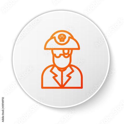 Orange line Pirate captain icon isolated on white background. White circle button. Vector Illustration