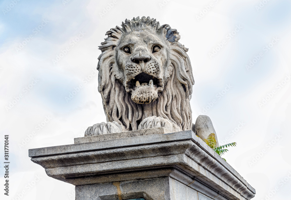 Lion on the Szechenyi Chain Bridge in Budapest, Hungary Lion on the Szechenyi Chain Bridge in Budapest, Hungary