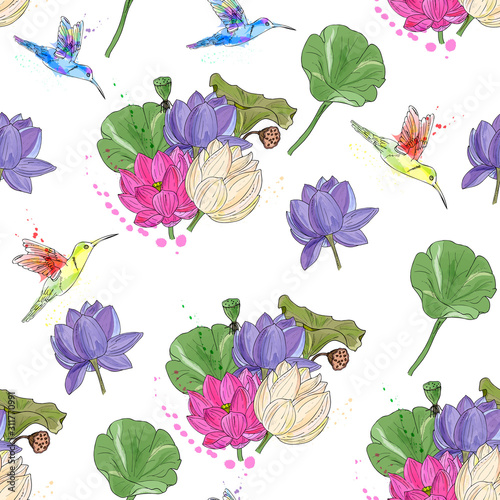 Elegant seamless pattern with hummingbirds and lotuses. Imitation of watercolor, background with tropical birds and water lilies.