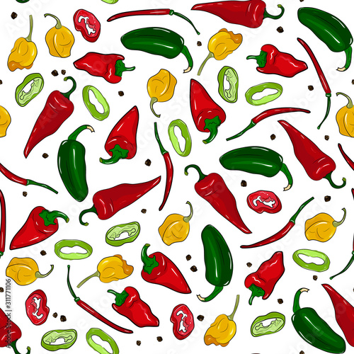 hot peppers seamless pattern. Red, yellow and green peppers, a whole pod and rings. Chili, jalapenos, habanero, jalapenos. Background for menu, packaging, market, banner.