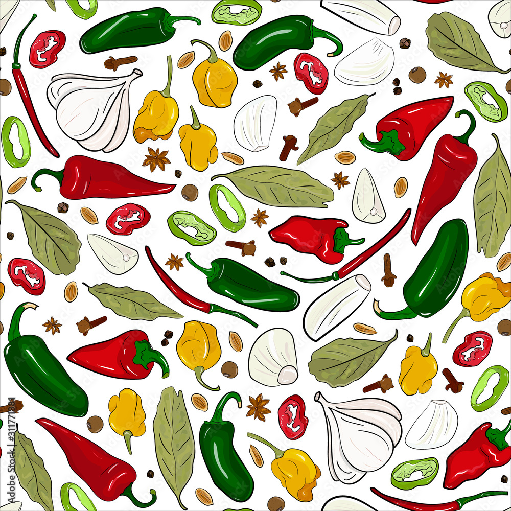 Obraz premium seasonings, spices seamless pattern. Bay leaves, garlic, peas, chili, cloves. Background for menu, packaging, wrappers, kitchen prints, spice shop. Hand drawing.