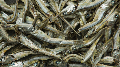 Niboshi: Small dried sardines in full screen. Used in Japanese cuisine. 