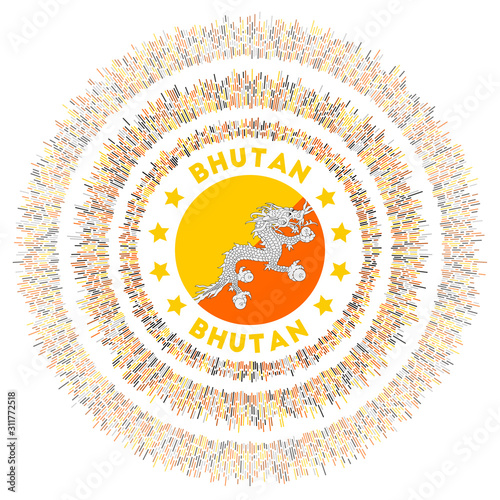 Bhutan symbol. Radiant country flag with colorful rays. Shiny sunburst with Bhutan flag. Cool vector illustration.