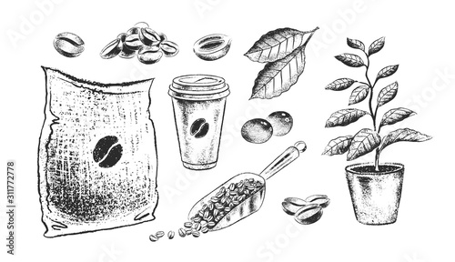 Black and white illustrationsof coffee items