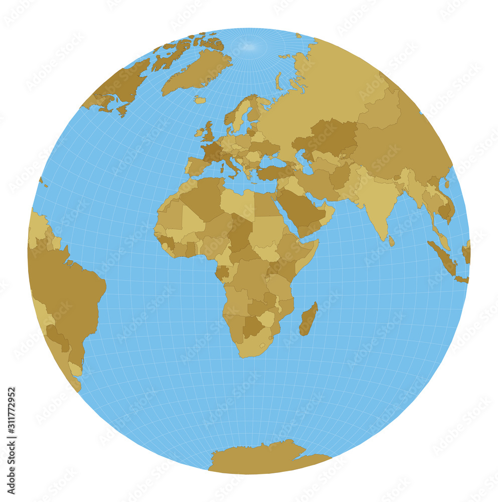 World Map. Chamberlin projection for Africa projection. Map of the world with meridians on blue background. Vector illustration.