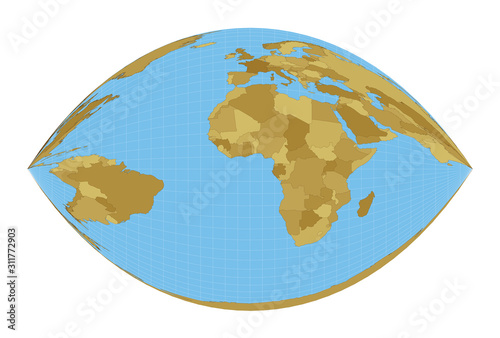 World Map. Craig retroazimuthal projection. Map of the world with meridians on blue background. Vector illustration.