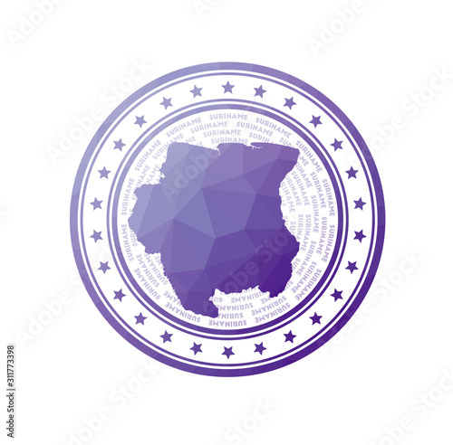 Flat low poly stamp of Suriname. Polygonal Suriname badge. Trendy vector logo of the country.